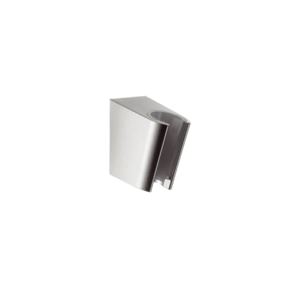 Brausehalter aus Edelstahl von Hansgrohe, halbrunde Form mit einer Aussparung für die Dusche. Montiert an der Wand, schlichtes Design.